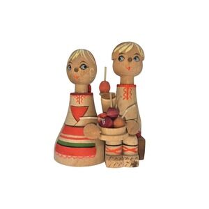 Vintage Russian Beriozka Wooden Figurine Boy Girl Couple Folk Art HandPainted #2